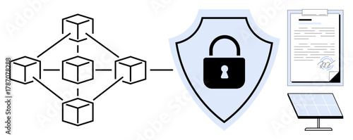 Blockchain connected cubes, shield with lock, signed document, solar panel. Ideal for cybersecurity, renewable energy, technology, data security, digital transactions innovation simple flat