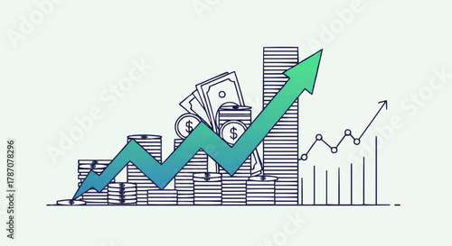 Financial growth concept showing a rising arrow over a money chart.