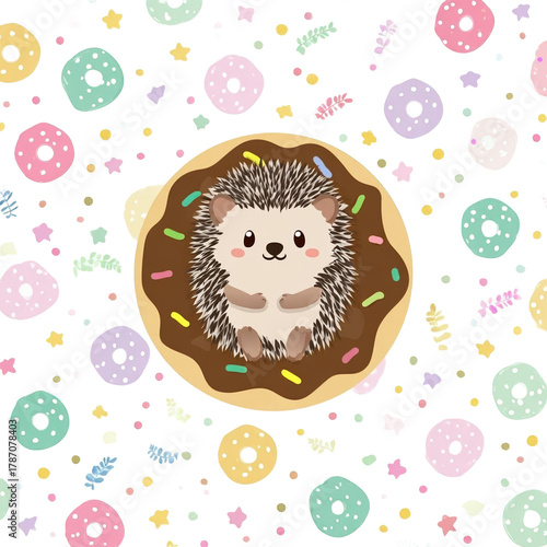 Cute hedgehog in a donut surrounded by donuts.