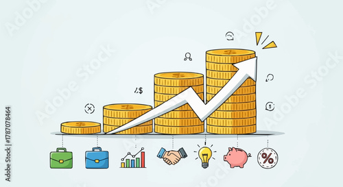 Financial growth concept with stacked coins and upward arrow.