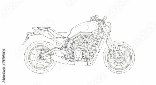 Detailed motorcycle blueprint showcasing mechanical components and design elements.