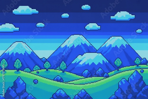 Pixel art landscape with blue mountains, green rolling hills, and fluffy clouds under a striped blue sky