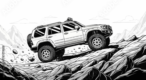 Off road adventure vehicle conquering rocky terrain illustration.