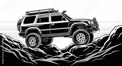 Off-Road Vehicle Conquering Rocky Terrain in Black and White.