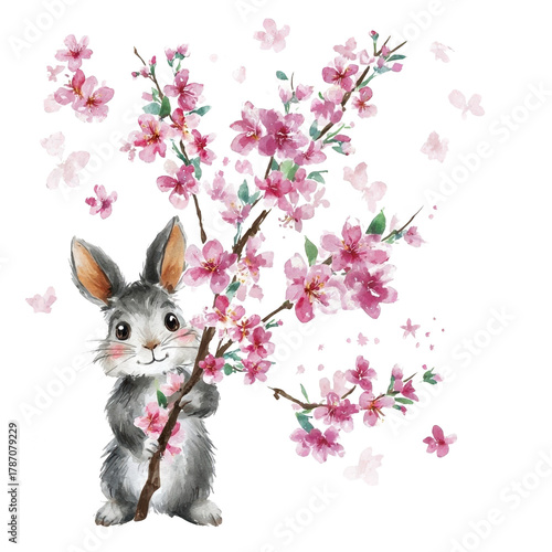 Cute rabbit with cherry blossom branch.