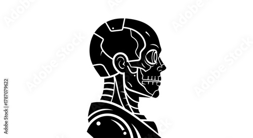 Striking cyborg head profile in black and white future technology art