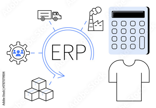 ERP text encircled by arrows, surrounded by gear, factory, truck, cubes, calculator, and apparel. Ideal for business logistics planning production finance technology supply chain. Simple flat