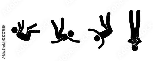Stickman falling set, people losing balance, fall down, or floating in air, black silhouette vector illustration isolated on white background.