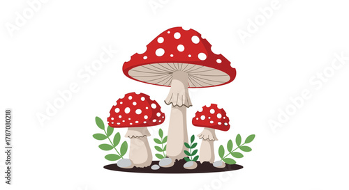 Whimsical cartoon illustration featuring a group of red and white spotted mushrooms, nestled among green leaves and small stones.