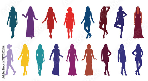 Colorful silhouettes of diverse women in fashionable poses and dresses