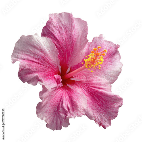 Pink hibiscus bloom with yellow stamen isolated on black