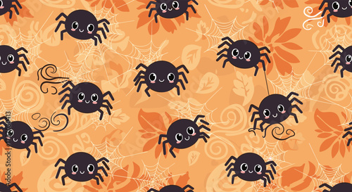 Cute cartoon spiders with big eyes and smiles crawl on an orange background with spiderwebs and autumn leaves, creating a fun Halloween seamless pattern.