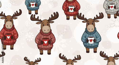 Adorable cartoon mooses in cozy knitted sweaters hold mugs with heart designs, forming a delightful seamless winter holiday pattern with snowflakes.