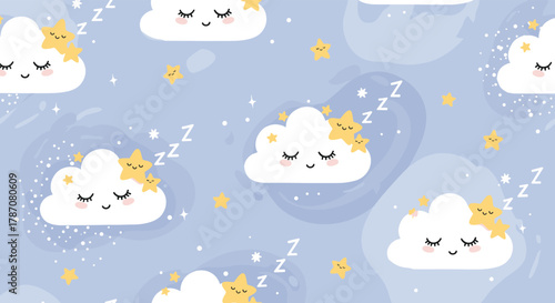 A seamless pattern of cute sleeping clouds with stars and 'Zzz' symbols on a soft blue background, perfect for a nursery or bedtime theme.