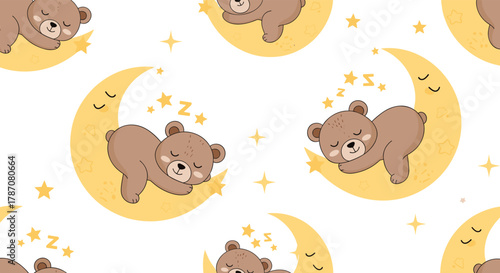 Adorable seamless pattern of brown baby bears peacefully sleeping on yellow crescent moons, surrounded by twinkling stars and 'Zzz' symbols.