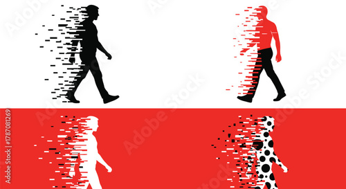 Conceptual walking figures in red and black show transformation process