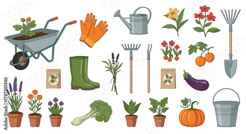 A vibrant collection of diverse gardening tools, potted plants, and fresh produce for spring and summer cultivation.