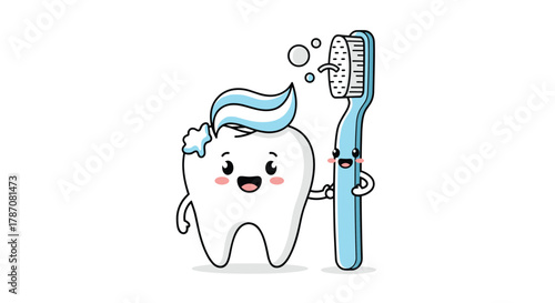 A cute cartoon tooth with toothpaste and a happy toothbrush stand together, symbolizing dental hygiene and friendship.