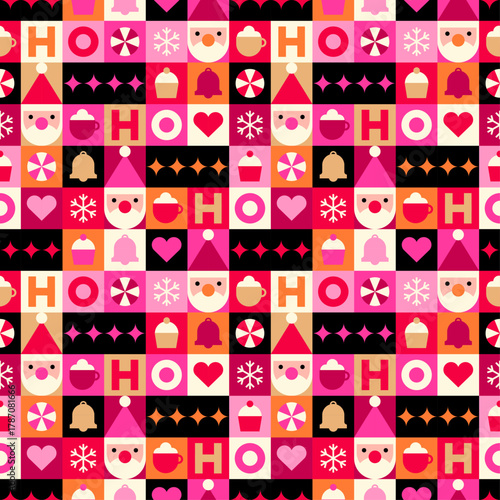 Santa Claus and geometric elements seamless pattern design for Christmas and new year background.