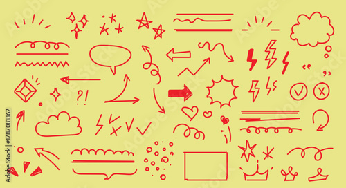 collection of red doodle art elements on a yellow background. Doodling is a form of drawing that involves making spontaneous marks and scribbles, vector illustration