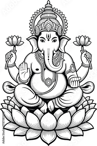 Ganesha seated on lotus flower black and white illustration
