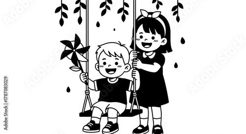 Cheerful kids playing together outdoors with pinwheel on a sunny swing