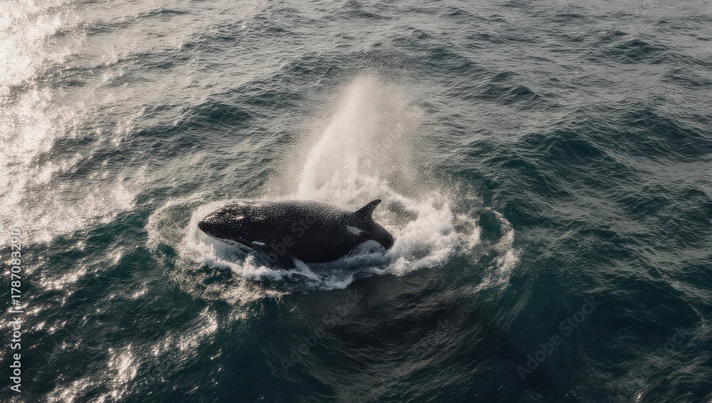 Fototapeta premium Majestic Whale Breaching in the Ocean with Water Spray.