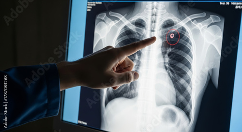 Doctor pointing at chest x ray showing lung nodule highlighted for cancer screening and checkup with concerned medical professional caring for patient