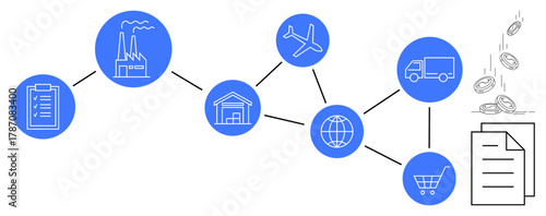 Industry elements include factory, warehouse, airplane, truck, money, shopping cart, and documents connected in a chain. Ideal for business workflow, supply chain logistics industry trade