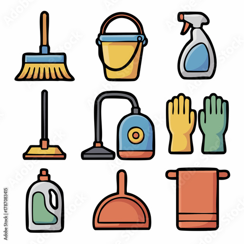Cleaning Tools Icon Set – Mop Bucket Gloves Vacuum Spray Bottl
