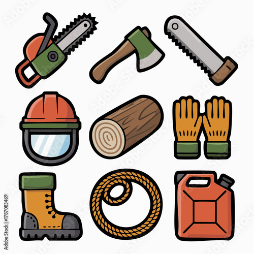 Construction Tools Icon Set – Chainsaw, Axe, Helmet, Rope, Gloves, Equipment