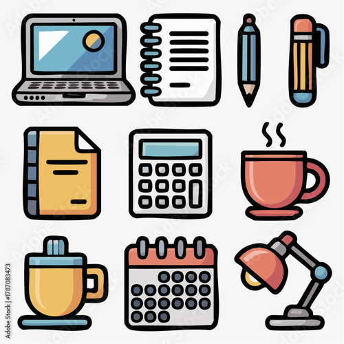 Office Supplies & Work Essentials Icon Set