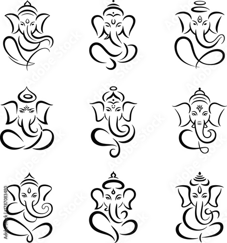 Nine Black Ganesha Line Art Icons Hindu god elephant god