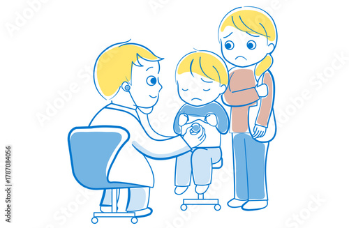 医師の診察を受ける子供と付き添いの母親のイラスト