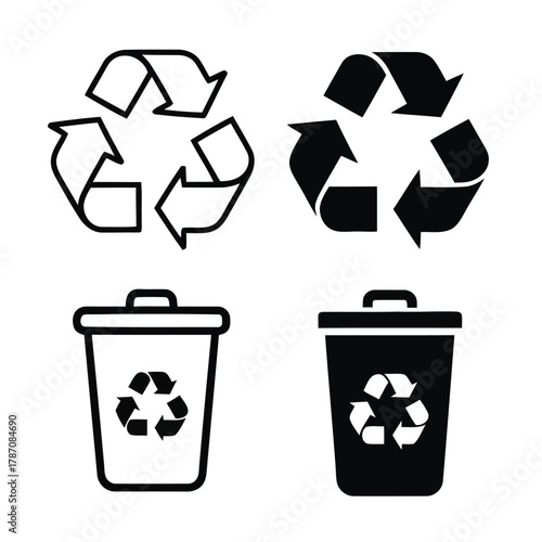 Recycling symbols and trash cans in outline and solid black