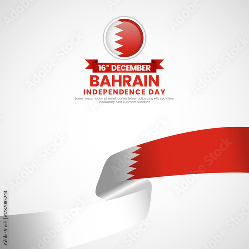 Bahrain independence day greeting card, square banner background with warving ribbon flag