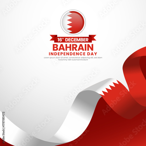 Bahrain independence day greeting card, square banner background with warving ribbon flag