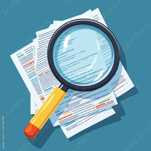 Document search analysis magnifying glass icon for data find information research and investigation   , vector style simple color