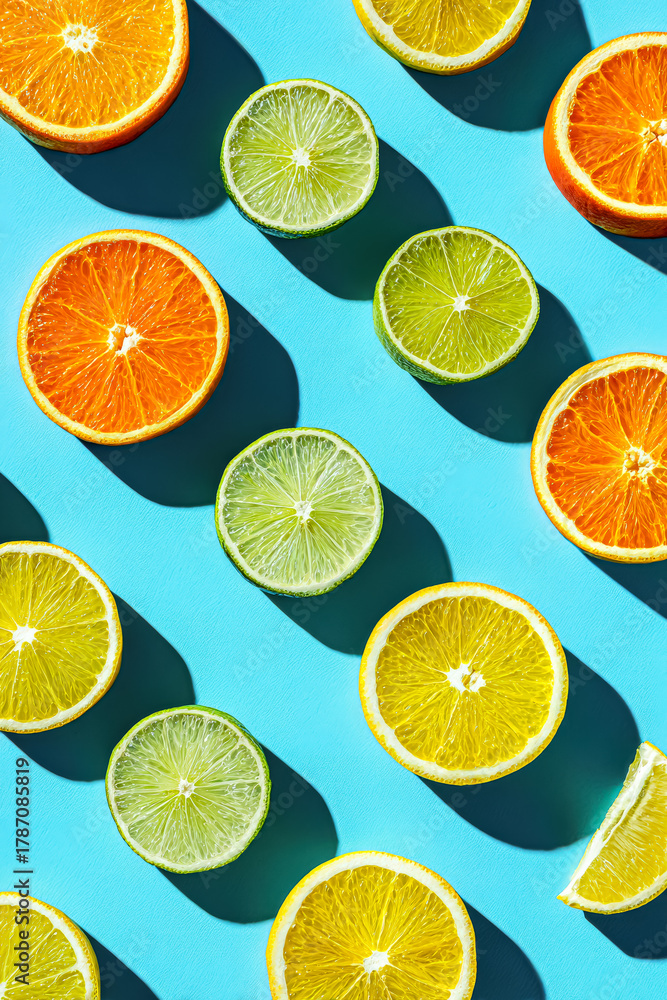Obraz premium Vibrant slices of oranges, lemons, and limes are artistically arranged on a bright blue surface, showcasing freshness and color contrast