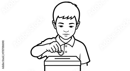 Young boy donating coin to charity box, fostering compassion and generosity