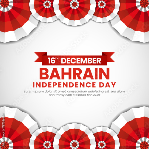 Bahrain independence day greeting card, square banner background with warving ribbon flag