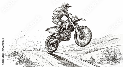 Motorcycle rider in action performing a stunt on a dirt track.