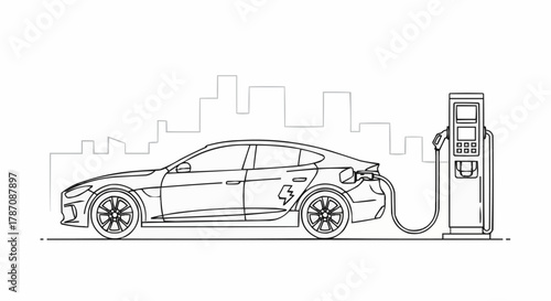 Electric car charging station in a city silhouette.