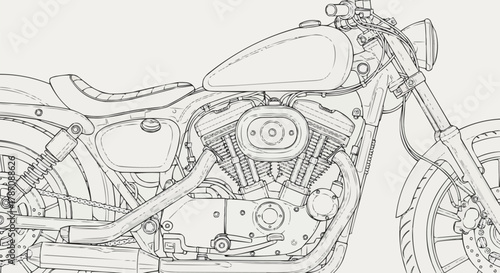 Detailed Sketch of a Classic Motorcycle Engine and Frame.