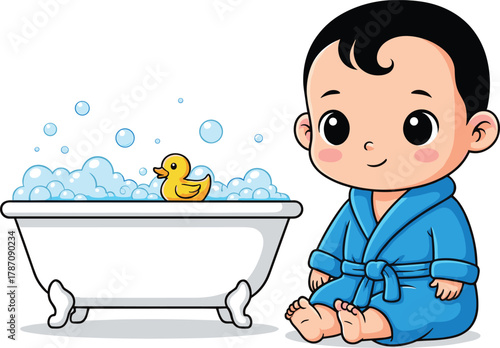 Cartoon child bath time, blue bathrobe, rubber duck, bubble bathtub, hygiene illustration, playful bathroom scene, clean kid, vector art, cheerful moment