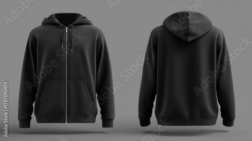 Stylish photo of front and back view of a black zipup hoodie isolated on grey background