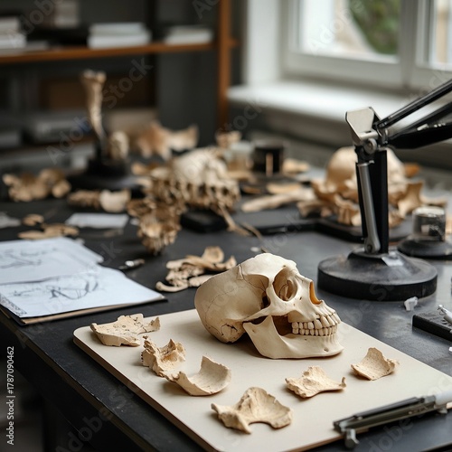 Bone identification kit on study table, analysis station with measuring tools, science focus