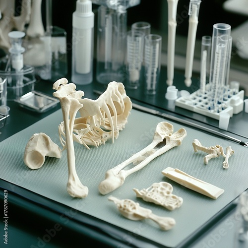 Bone preparation tools on laboratory mat, cleaning station with preservation equipment, science theme