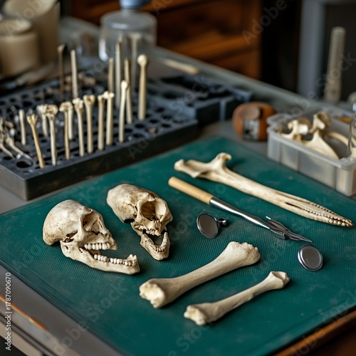 Bone preparation tools on laboratory mat, cleaning station with preservation equipment, science theme