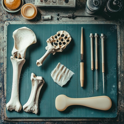 Bone preparation tools on laboratory mat, cleaning station with preservation equipment, science theme